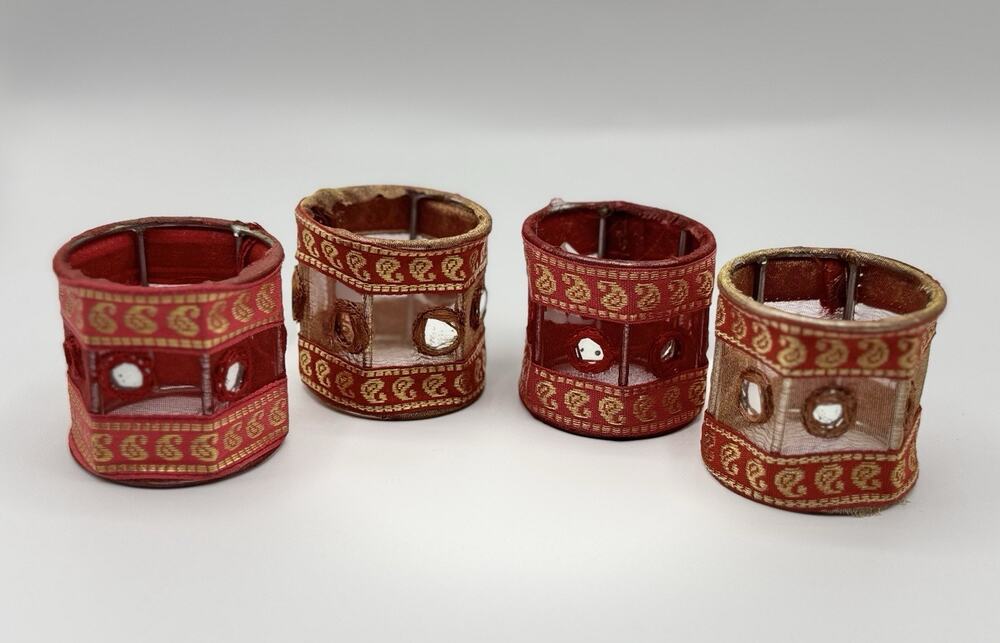Set of 4 Embroidery Zari Semi-Sheer Fabric Red Indian Napkin Rings